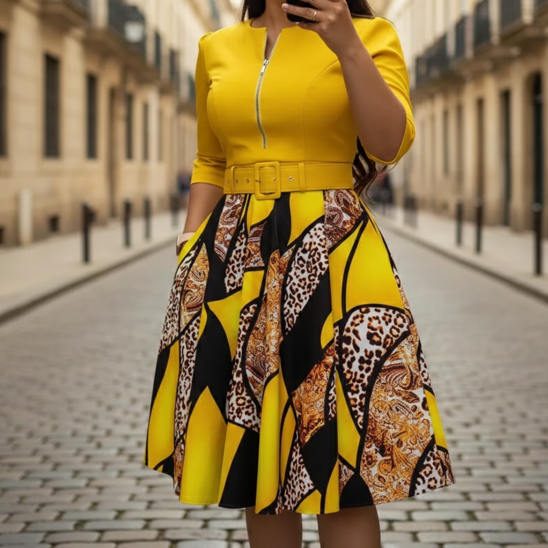 Women's Flared Dress with Front Zip and Belt