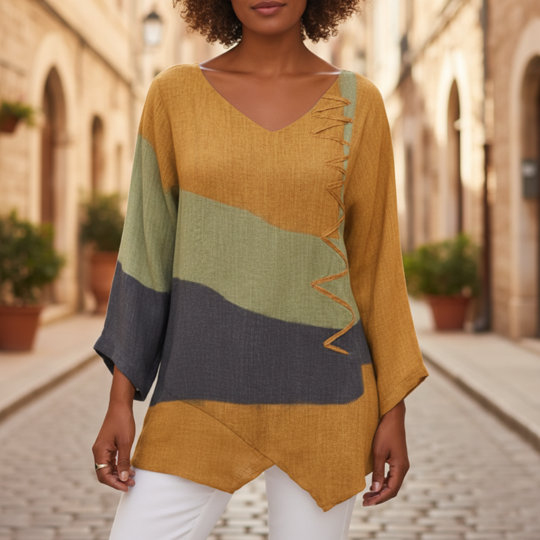 Women's Color Block Tunic with V-Neck and Long Sleeves, Loose Fit