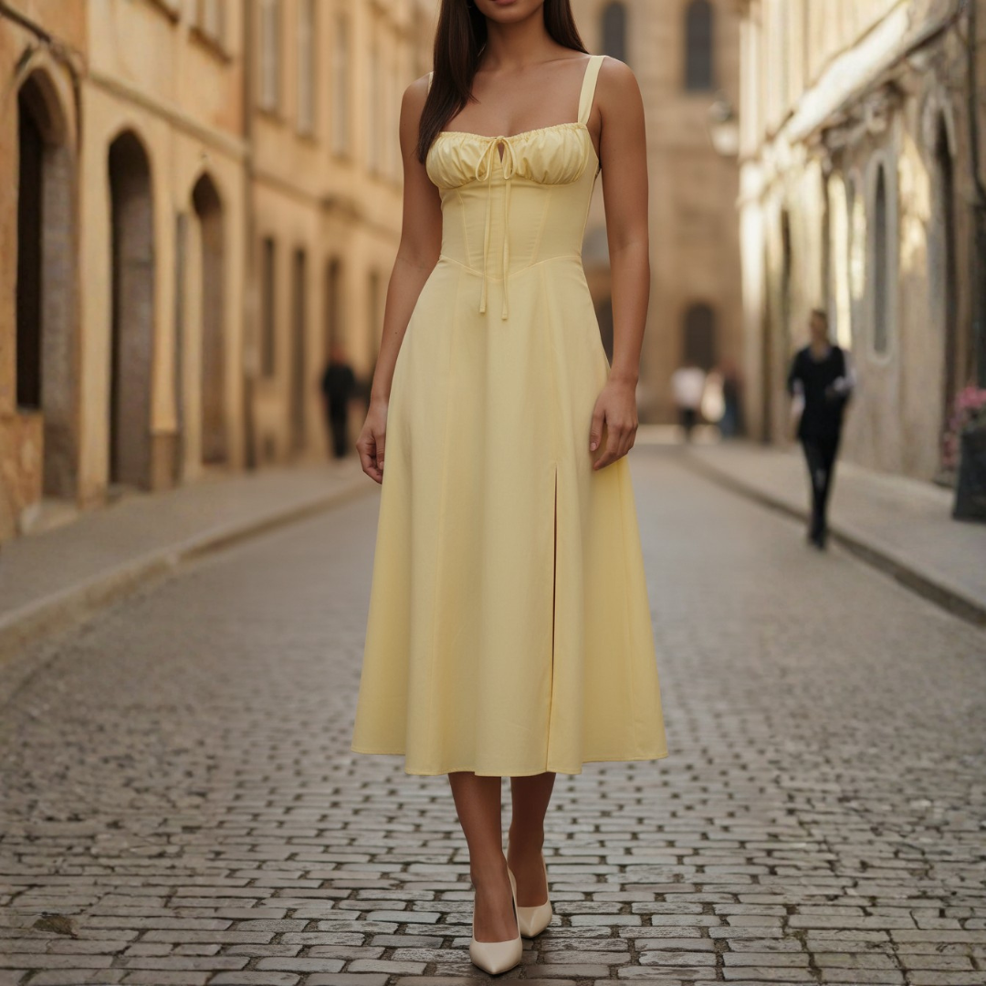 Women's Midi Dress with Laced Bodice and Flared Skirt