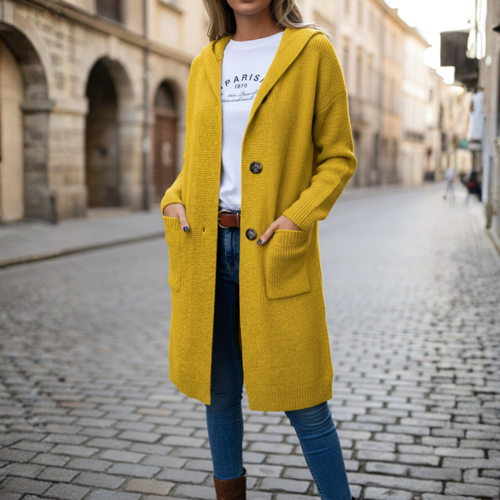 Cardigan lungo lavorato a maglia da donna con cappuccio
