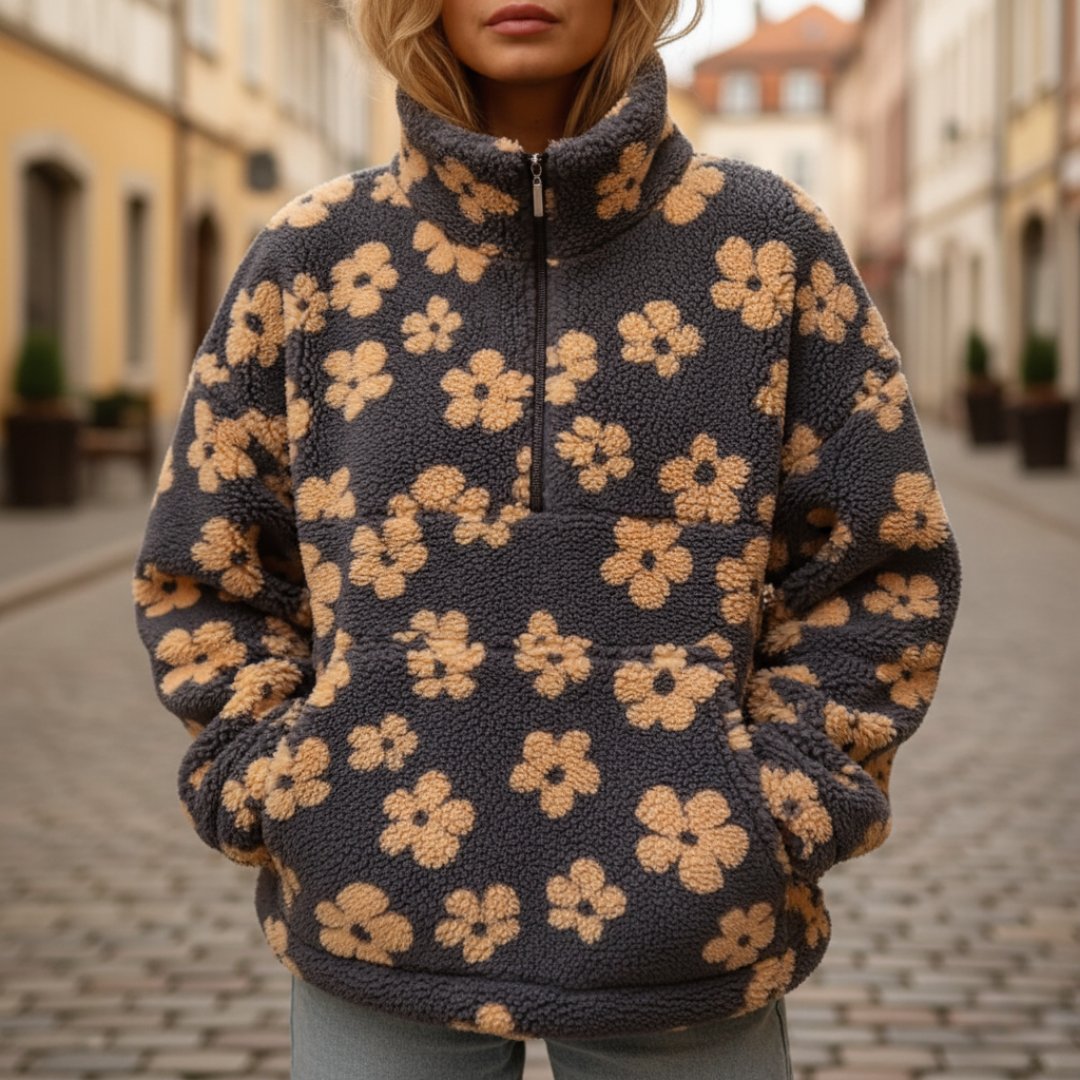 Women's Floral Fleece Jacket with Zip and High Collar