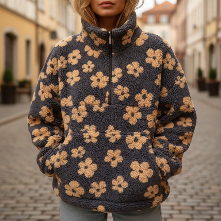 Women's Floral Fleece Jacket with Zip and High Collar