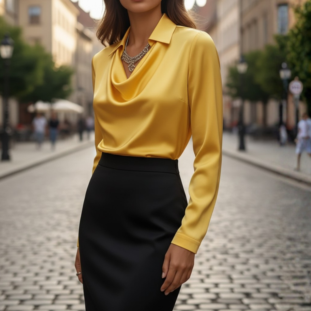 Camicia da donna in raso con collo a scialle e maniche lunghe